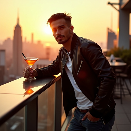 Dating profile photo: Golden-hour rooftop lounge with a panoramic city backdrop, smart-casual outfit with layered textures, subject leaning against a glass railing with one hand resting on the ledge, relaxed posture and confident half-smile, direct eye contact that feels inviting, and a sleek cocktail placed nearby for lifestyle context. Warm sun acts as key, neon signage provides a complementary rim, and the background falls into creamy urban glow while keeping the face sharply resolved and luminous. Crop waist-up with a subtle S-curve in the stance and polished color grading for a premium, modern dating aesthetic.