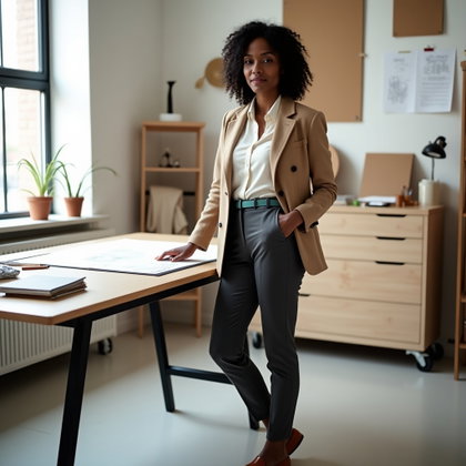 Pièces créatives superposées : photo personnelle en pied d’une seule personne debout de façon détendue à côté d’une table à dessin épurée dans un studio de design, une main reposant légèrement près de…