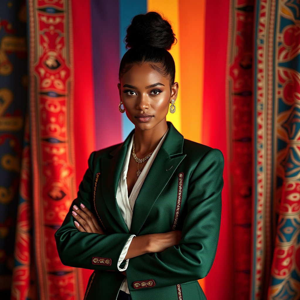 Heritage-Inspired Pride Portraits That Blend Culture and Identity example: Photorealistic editorial hero portrait photography. The subject stands centered against a dramatic backdrop of layered t
