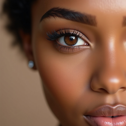 AI-generated photo: Photorealistic beauty photography. Macro-style close-up of both eyes and brows framed symmetrically,...