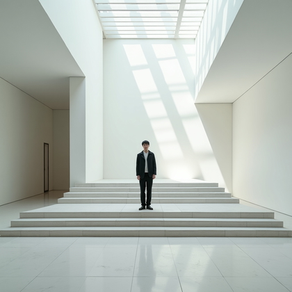 Photorealistic portrait photography: Inside a stark contemporary art museum atrium, crisp skylight patterns fall across white terrazzo as the subject stands on a sweeping concrete stair landing facing the lens with squared posture and relaxed hands, minimalist monochrome outfit, bright diffused daylight with a gentle overhead rim, strong leading lines converging behind the head and generous negative space for a clean, modern portrait.