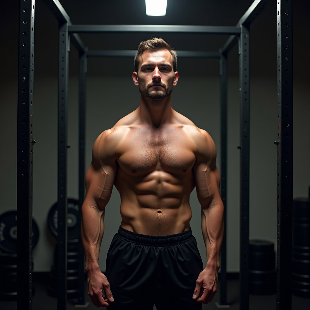 AI-generated photo: Photorealistic fitness photography of the subject standing shirtless in dark training shorts beneath...