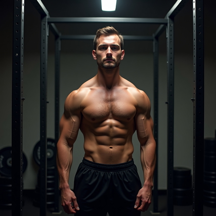 AI-generated photo: Photorealistic fitness photography of the subject standing shirtless in dark training shorts beneath...