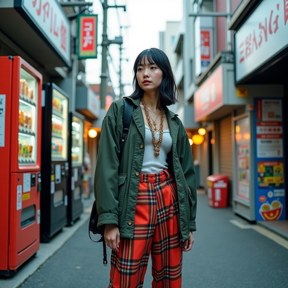 AI-generated photo: Fashion editorial street photography, a Harajuku-inspired fashion scene in a vibrant backstreet line...