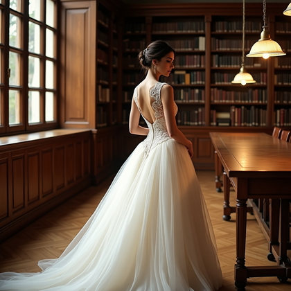 AI-generated photo: Photorealistic wedding photography in a historic library reading room with towering shelves, brass l...