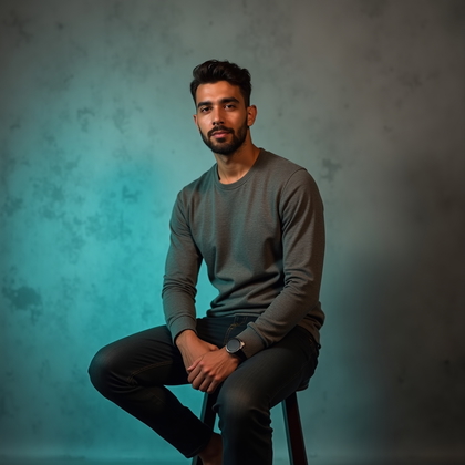 AI-generated photo: Photorealistic studio portrait. The subject is seated on a high stool, one leg crossed over the othe...