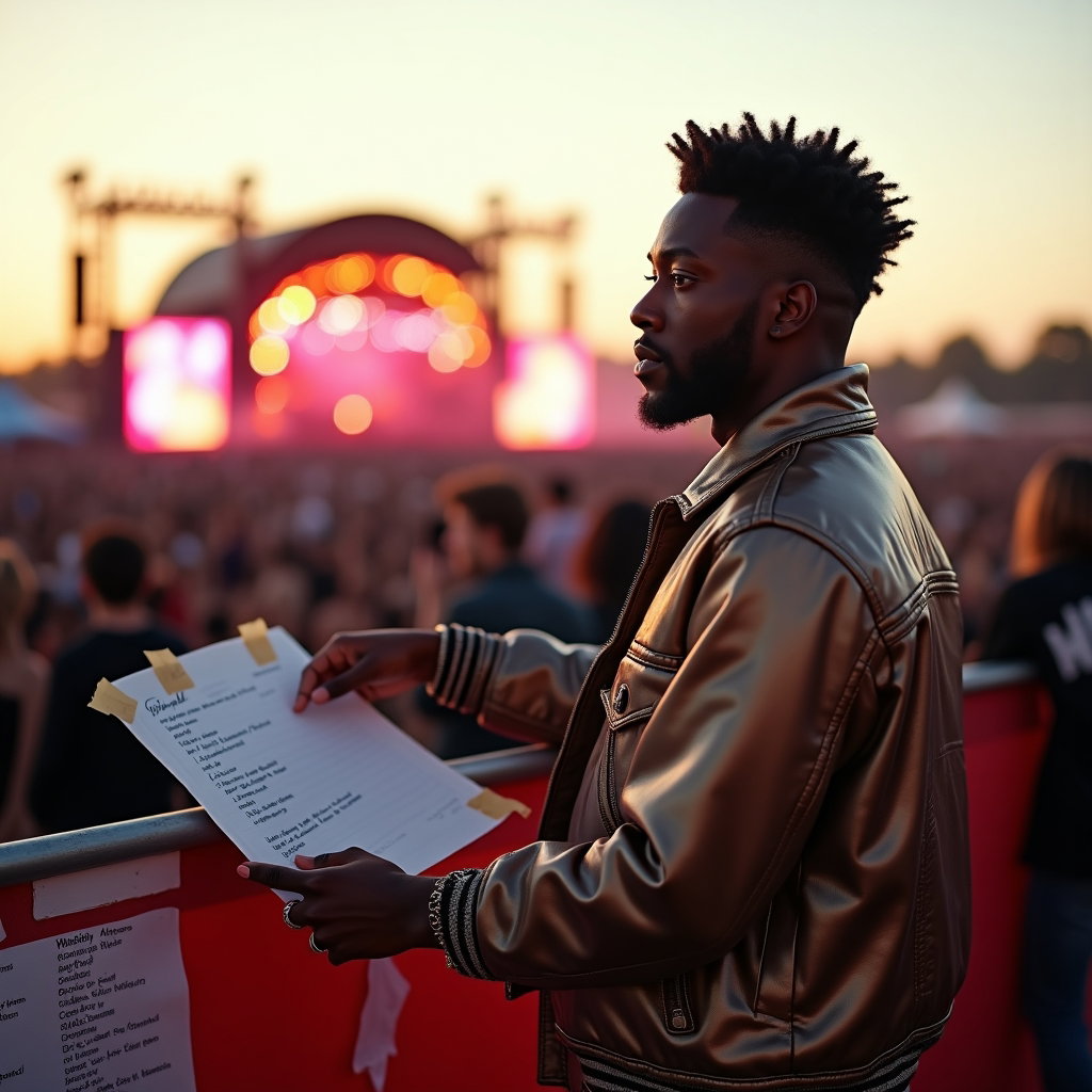 Over-the-Shoulder Setlist Moment example: Photorealistic festival portrait photography. Half-body portrait from behind and slightly above the shoulder, with the s