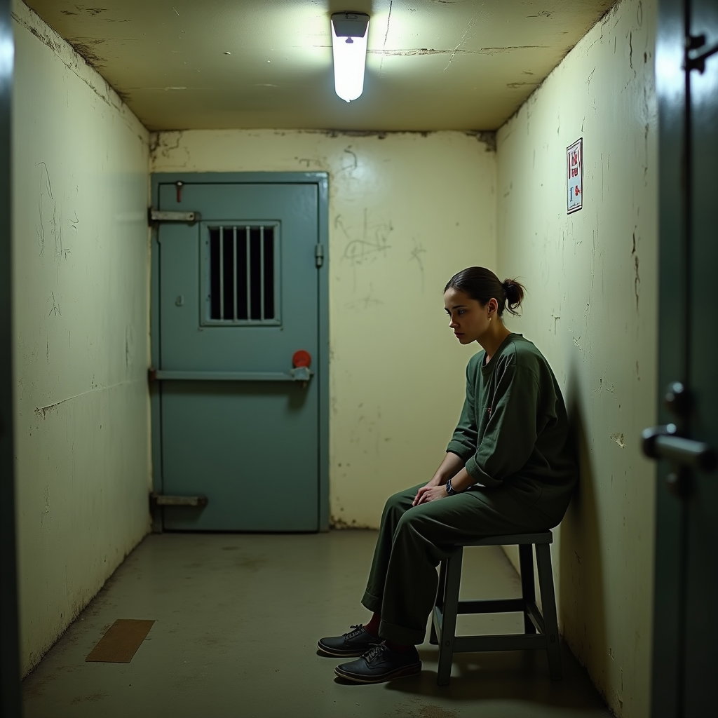 AI-generated photo: Photorealistic prison portrait photograph, the person is seated on a fixed metal stool in a tiny sol...