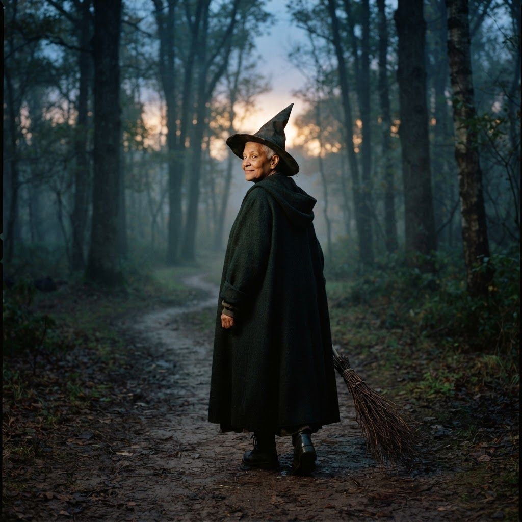 Witch on a Wooded Path: Full-body portrait along a misty wooded path at dusk, with one person walking away and turning their head back toward the viewer.