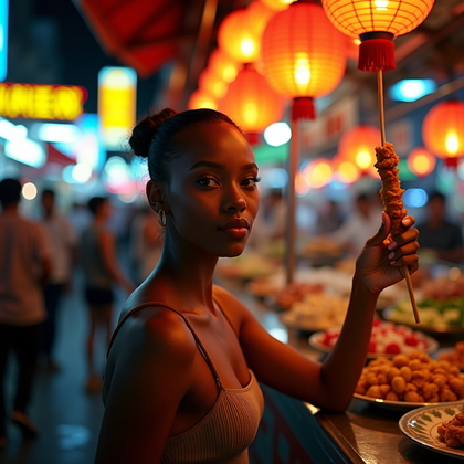 Photorealistic nightlife lifestyle portrait photo in a bustling lantern-lit night market, subject at a street-food counter in a minimalist, slightly open-collar top with one hand resting on the counter and the other lifting a steaming skewer toward the mouth, eyes locked to camera with playful, flirty intent. Vibrant neon menus, hanging paper lanterns, and glossy puddle reflections create layered color bokeh, while a subtle rim light separates the silhouette and keeps facial features clear.
