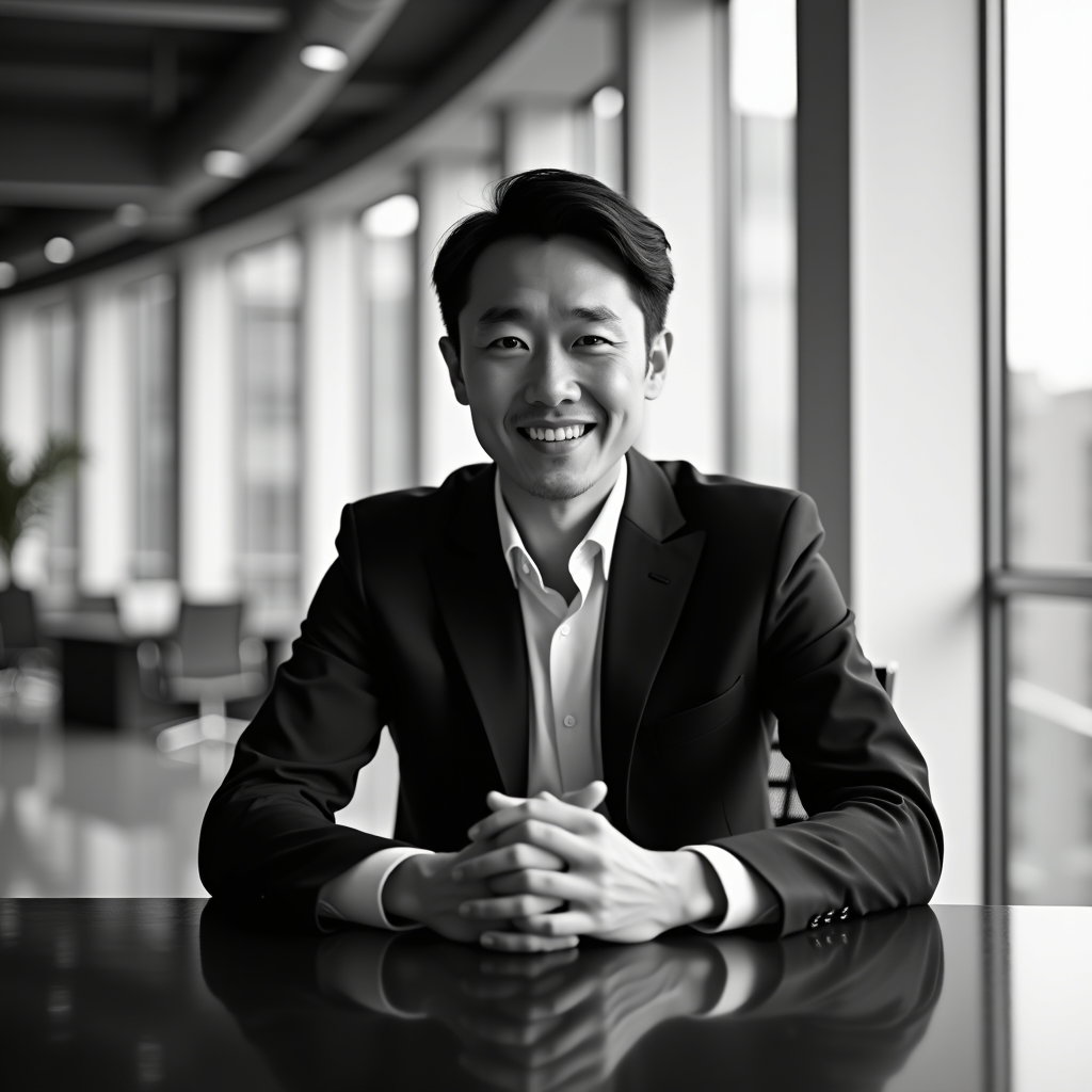 AI-generated photo: Professional black-and-white headshot photography, seated at the edge of a sleek executive desk, tor...