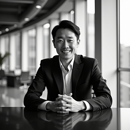 AI-generated photo: Professional black-and-white headshot photography, seated at the edge of a sleek executive desk, tor...
