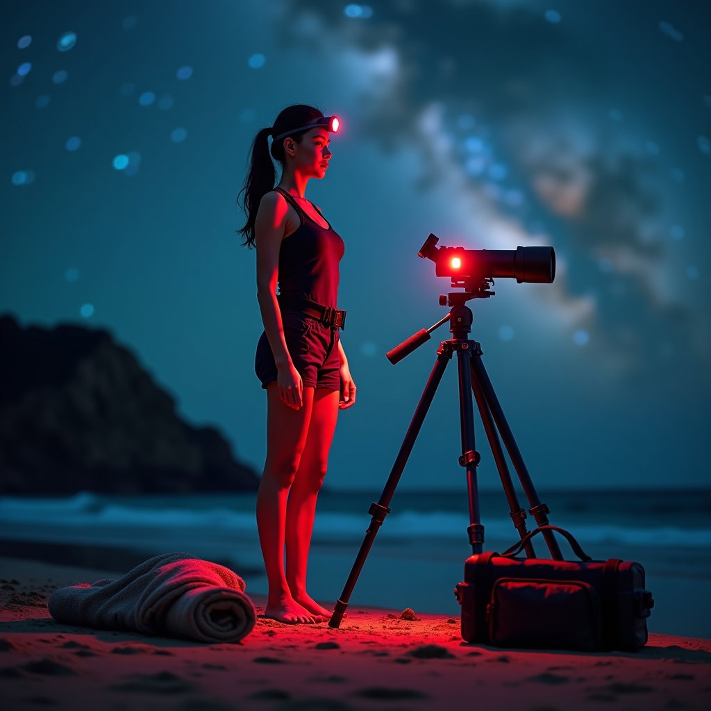 AI-generated photo: Photorealistic portrait photograph, astro explorer at a remote beach at night, standing barefoot at ...