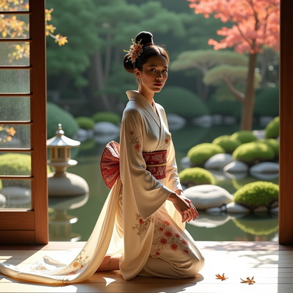 AI-generated photo: Fashion editorial portrait photography, an elegant geisha-inspired styling scene set in a tranquil i...