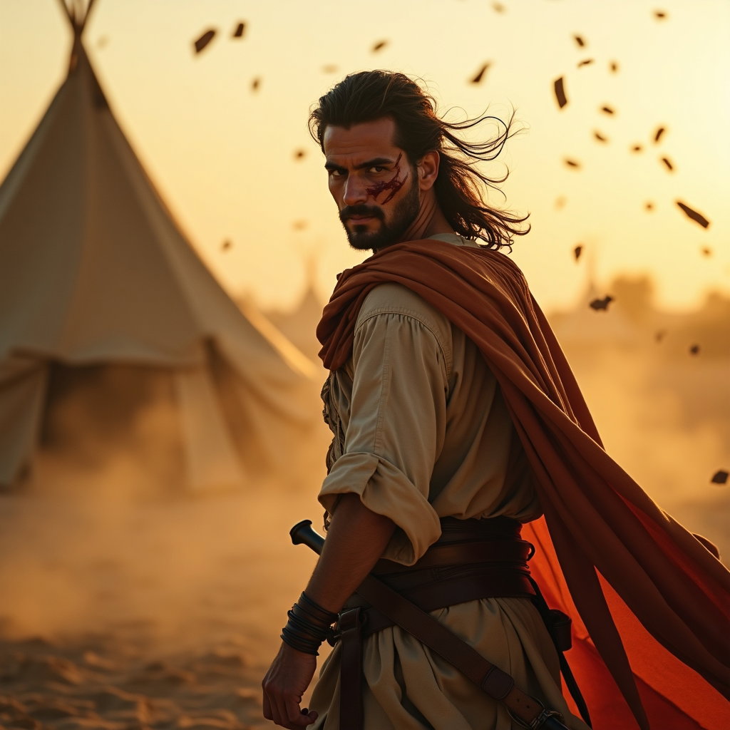 Solo Achilles Battle-Scar Close-Up example: Cinematic mythological portrait photography. Dynamic motion portrait of the solo subject twisting away from a collapsing