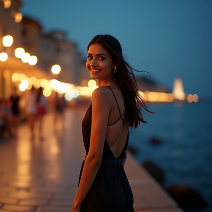 Elegant Waterfront Evening Portraits example: Photorealistic portrait photography. Motion portrait along a seaside promenade, the subject walking slowly beside the wa