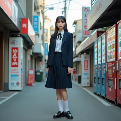 AI-generated photo: Photorealistic fashion photography. A stylish street-fashion portrait featuring a Japanese school un...