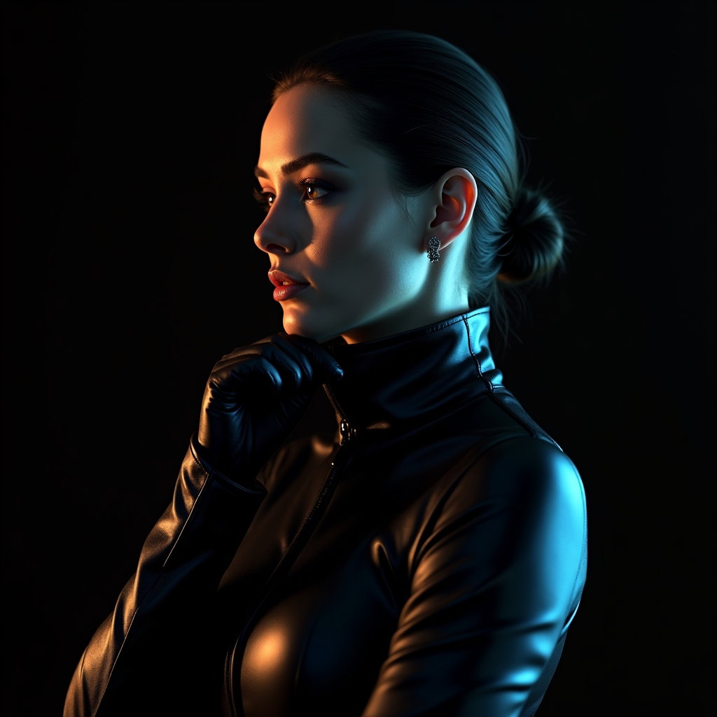 Dark Studio Silhouette Hunter Portrait example: Photorealistic dark fantasy portrait photography. Tight profile/avatar crop with the subject in a clean side-facing pose