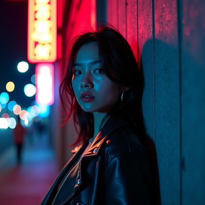 AI-generated photo: Photorealistic portrait photography. Nighttime urban setting under neon signage, blue and crimson ge...