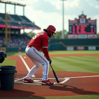 AI-generated photo: Photorealistic professional sports photography of a solitary on-deck routine where the hitter plants...