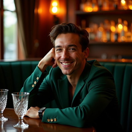 Photorealistic dating profile photo: intimate speakeasy corner with emerald velvet booth seating, cut-crystal glassware, and amber Edison bulbs sparkling in the backbar, the subject leans slightly forward with one forearm on the tabletop and the other resting casually along the seat, chin tipped toward the camera with a playful, confident expression. Warm rim light separates the silhouette while a soft key illuminates eyes and smile, with lush bokeh and rich mahogany textures adding a sensual, upscale mood.