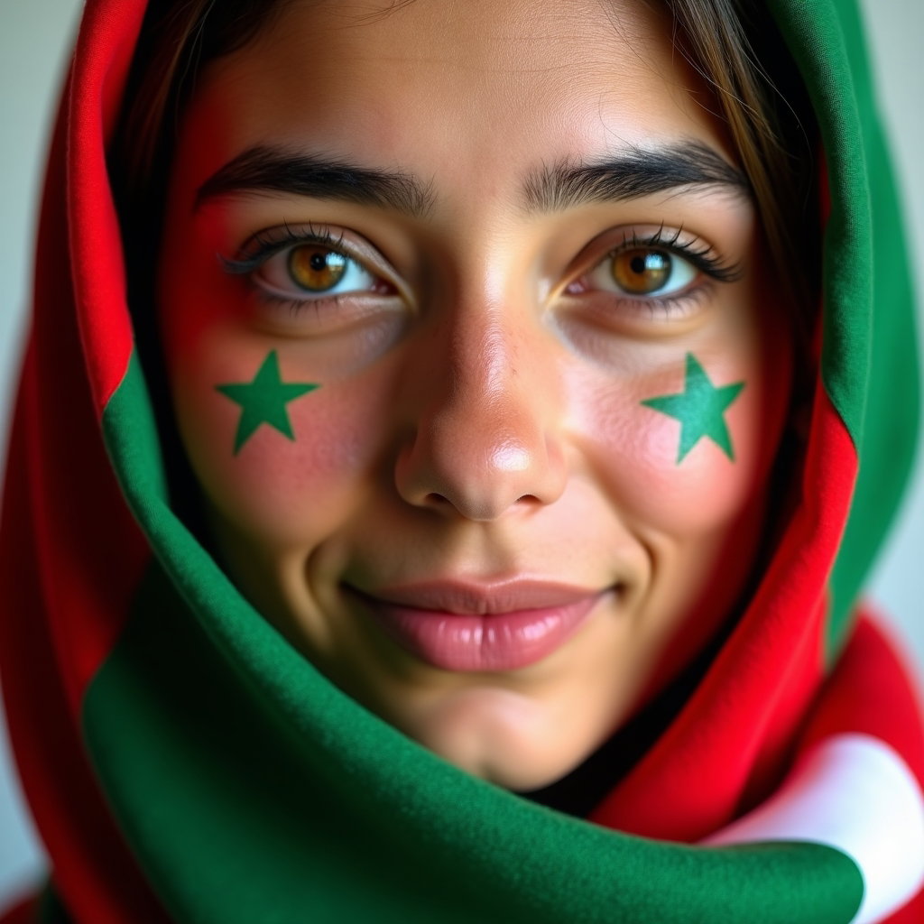 Heritage and Diaspora World Cup Fan Portraits example: Photorealistic close-up portrait photography. A single fan faces forward with a proud, steady expression, wearing a coun