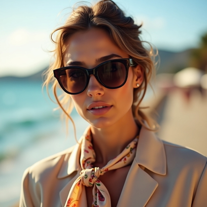 Close-Up Riviera Beauty Portraits With Sunglasses, Scarves, or Windblown Hair example: Photorealistic portrait photography. Tight close-up Riviera beauty portrait on a sunlit seaside promenade, with oversize