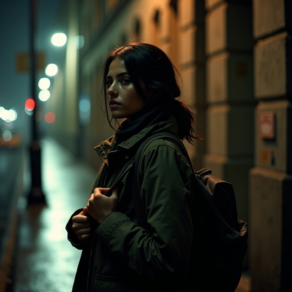Rain-Soaked Street Escape Portrait example: Cinematic horror portrait photo. Half-body portrait of the subject paused under a flickering streetlamp, gripping the st