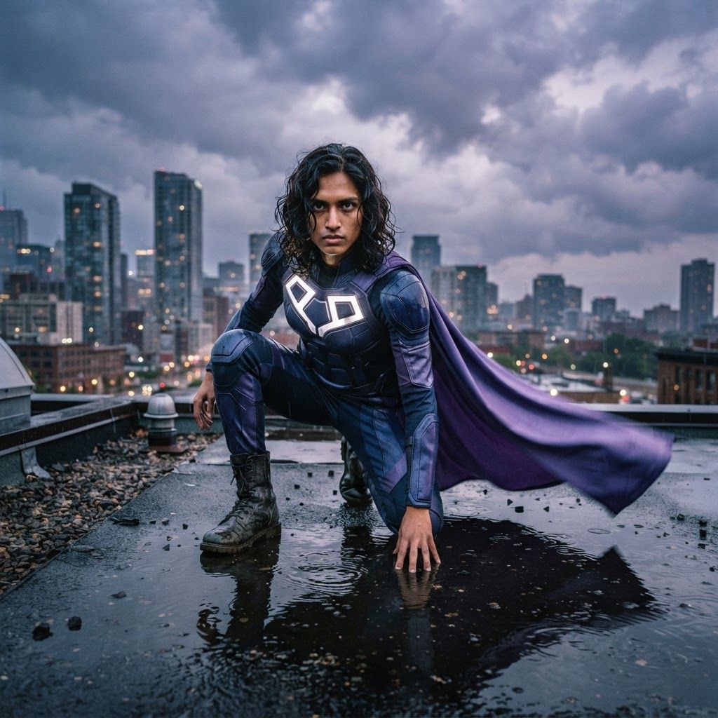 Comic-Book Superhero Above the City: Photorealistic rooftop superhero portrait just after a rainstorm.