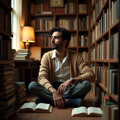Vintage Bookshop Aisle Portrait With a Secretive Smile example: Photorealistic environmental portrait photography. Seated on the floor between towering bookcases with open books scatte