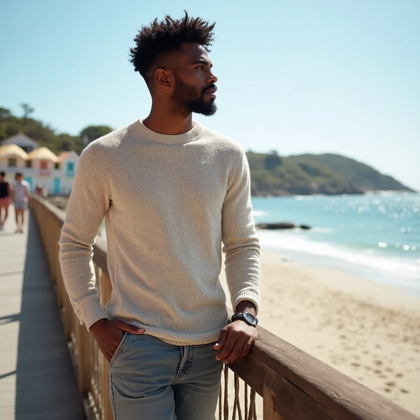 AI-generated photo: Tinder photo amidst a charming coastal boardwalk during a sunny afternoon. The subject wears a casua...