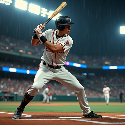AI-generated photo: Photorealistic sports action photograph in a light drizzle, tiny droplets caught in the glow of the ...