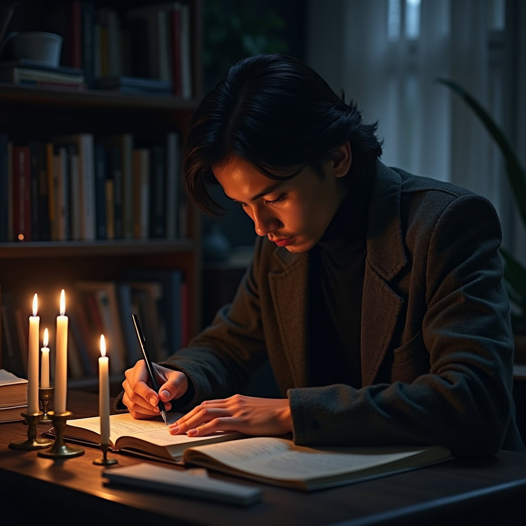 Candlelit Desk: Moody seated portrait in a shadowy study nook, the subject hunched over a notebook at a cluttered wooden desk, one hand writing while the…