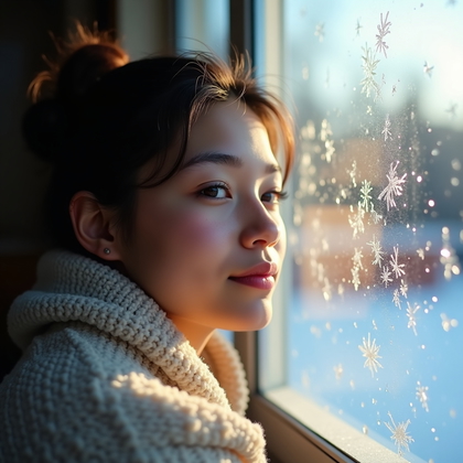 AI-generated photo: Photorealistic winter lifestyle portrait of a person leaning close to a frost-laced window, soft mor...