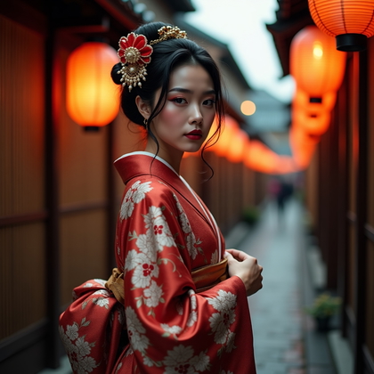 AI-generated photo: Fashion editorial portrait photography, a modern geisha-inspired styling portrait staged in a lanter...