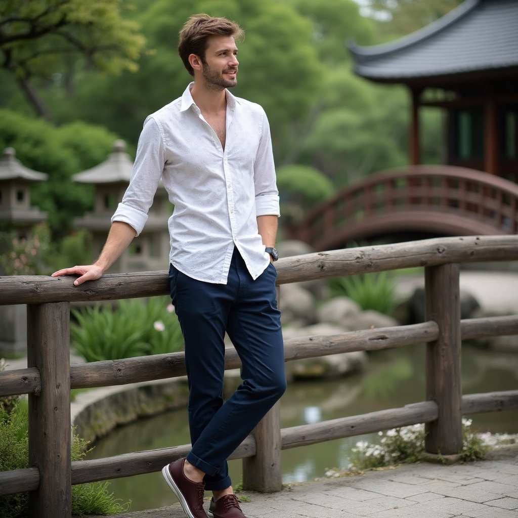 AI-generated photo: Travel Backdrop Portrait set in a serene Japanese garden. The man is dressed in a smart-casual ensem...