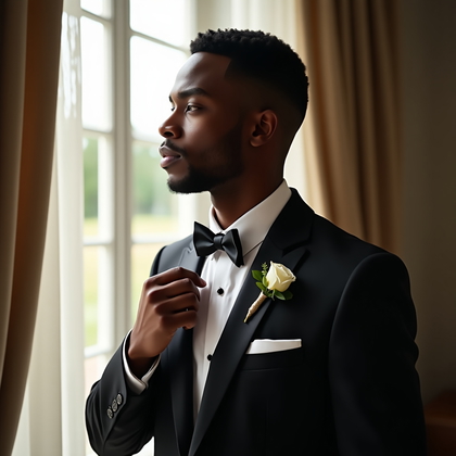 AI-generated photo: Photorealistic wedding portrait by a large mullioned window with sheer curtains diffusing the light ...