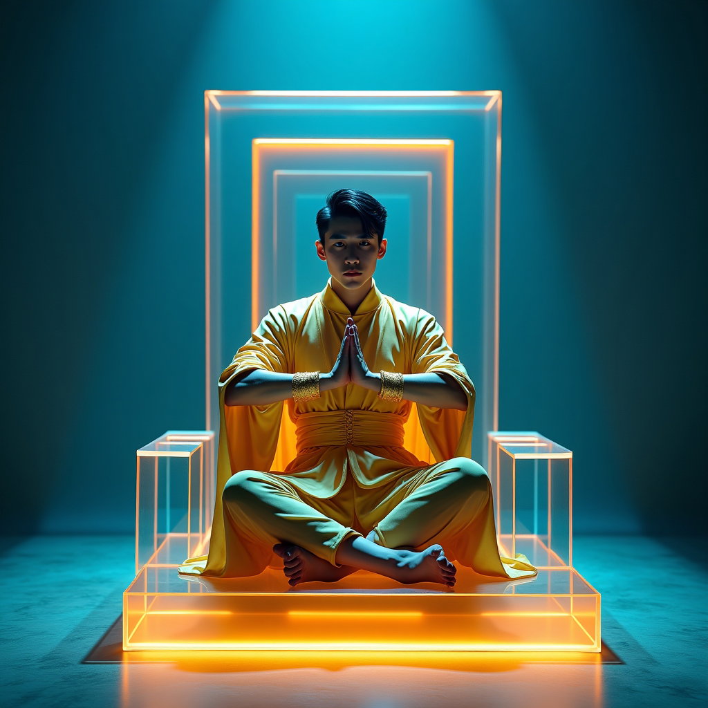 Sacred Seal Hand-Pose Portrait example: Cinematic K-pop fantasy editorial hero photography. High-fashion studio portrait on a cobalt-and-gold cyclorama, the sub