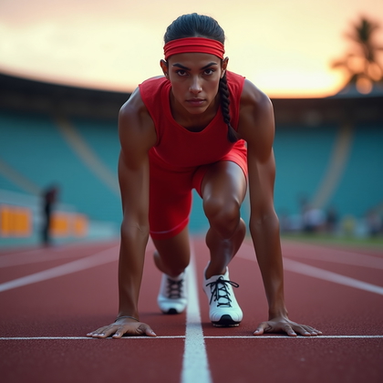 AI-generated photo: Photorealistic fashion sports photography showcasing a dramatic starting blocks pose from a low, fro...