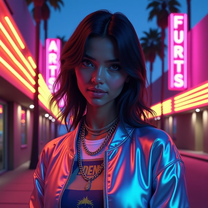 AI-generated photo: Neon‑noir digital illustration of a centered three‑quarter close‑up with the subject turned slightly...