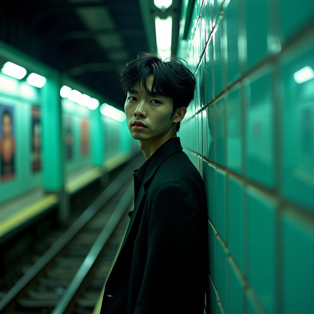 Possessed-Eye Rival Portrait example: Cinematic K-pop fantasy portrait photo. Environmental portrait inside an abandoned subway station transformed into a sec