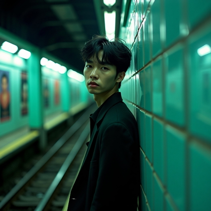 Possessed-Eye Rival Portrait example: Cinematic K-pop fantasy portrait photo. Environmental portrait inside an abandoned subway station transformed into a sec