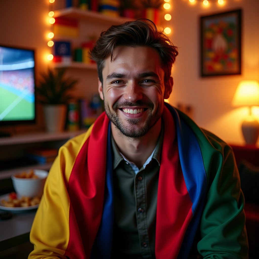 Flag-Draped National Pride Portraits example: Photorealistic environmental portrait photography. A fan sits alone in a cozy watch-party room decorated with flags, soc