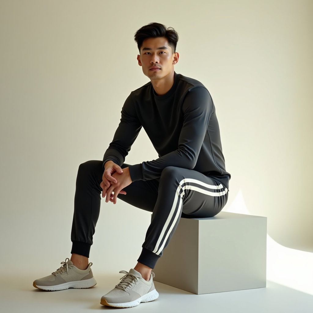 AI-generated photo: Photorealistic studio fashion photography, three-quarter portrait of an athlete seated on a low mode...