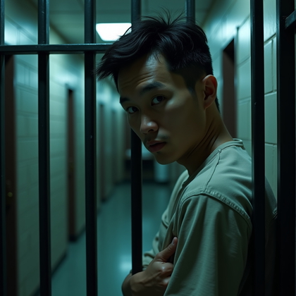 AI-generated photo: Photorealistic prison portrait photograph, the person is standing sideways against the barred inner ...