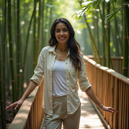Photorealistic dating profile photo: Elevated bamboo-forest boardwalk with tall green stalks rising into a canopy, dappled sunlight casting layered patches across smooth wooden planks; the subject rests both forearms lightly on the handrail and pivots the torso toward camera with relaxed confidence, shoulders open and posture tall. A light breeze moves the leaves for a sense of life, while a breathable linen shirt or fitted tee with tailored chinos keeps the look effortless and travel-ready. Lighting mixes open shade with warm edge-light along the outline, creating gentle contrast and clean catchlights without harsh shadows. Compose with a shallow plane of focus—face tack-sharp, foreground leaves softly out of focus, and receding stalks forming rhythmic verticals for depth. The color palette leans into natural greens, warm wood tones, and neutral wardrobe accents, with a matte finish to keep reflections minimal. Expression is calm, inviting, and slightly playful—direct eye contact, a subtle smile, and a hint of movement in the hands to suggest ease.