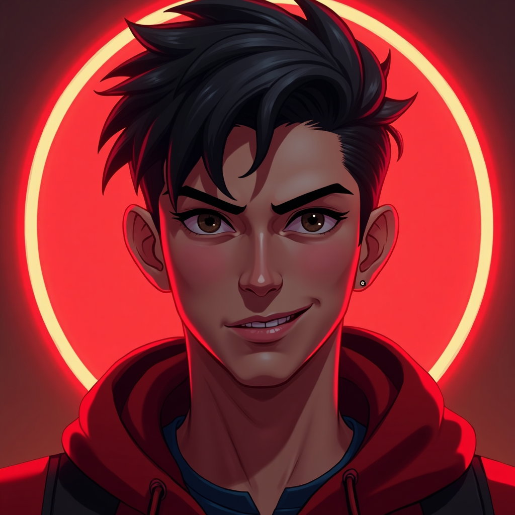 AI-generated photo: Stylized digital painting. A close-up gaming avatar portrait with a bold red color theme, the figure...