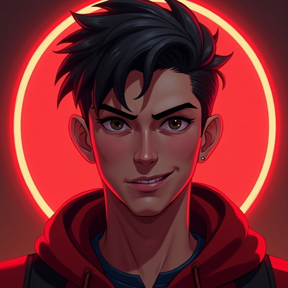 AI-generated photo: Stylized digital painting. A close-up gaming avatar portrait with a bold red color theme, the figure...