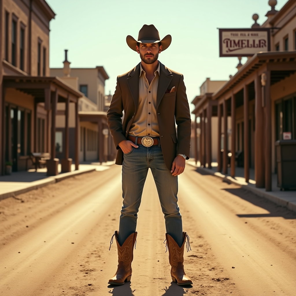 AI-generated photo: Photorealistic fashion photography, a cinematic cowboy portrait set on a dusty main street in a west...