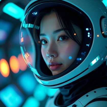 AI-generated photo: Photorealistic close-up portrait of a futuristic space pilot in the cockpit with a shallow depth of ...